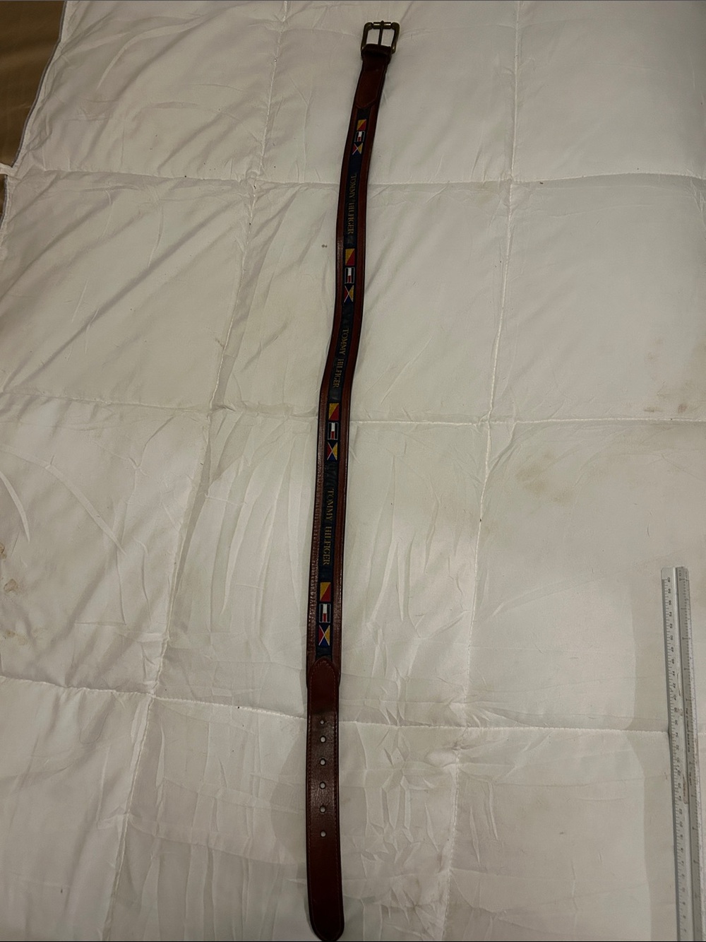 Tommy Hilfiger Brown Leather Belt with Navy Panel & Multicolor Flags